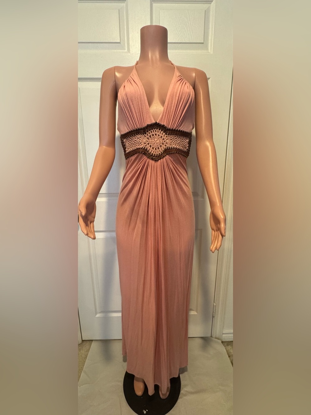 Sky Brand Rose Pink Maxi Dress with Brown Crochet Waist Size S